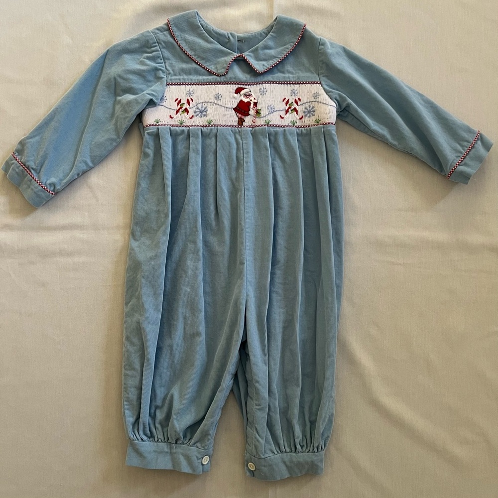 Vintage Beaux et Belles Blue Baby Corduroy Romper Bubble with Santa Smocking